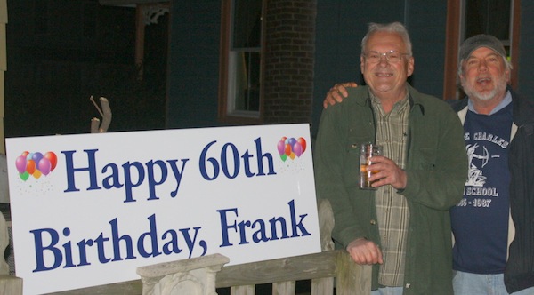 "Freshwater Frank" Russell, Cape Charles' beloved musician, at his surprise birthday party, with Frank Wendell. (Wave photos)