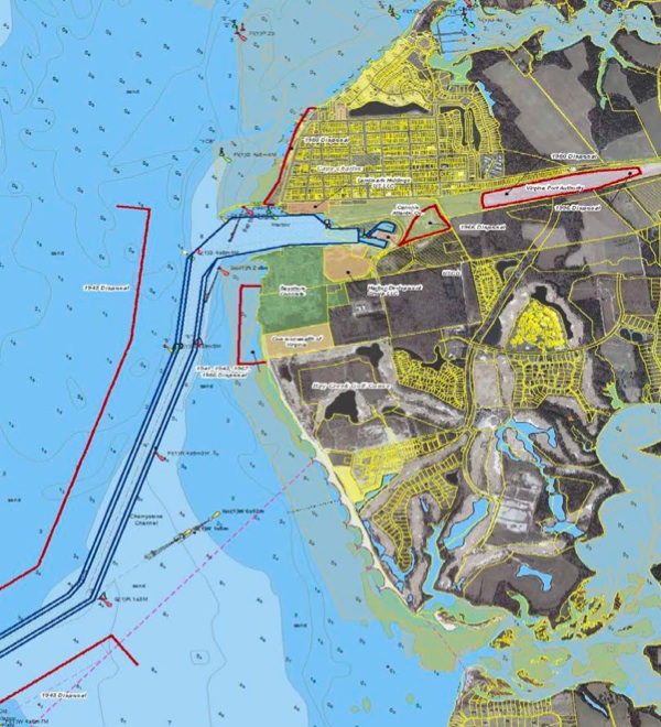 Blue outline is Cape Charles channel, maintained at 12-18 feet by the Army Corps of Engineers. Town requested the depth be 35 feet. 
