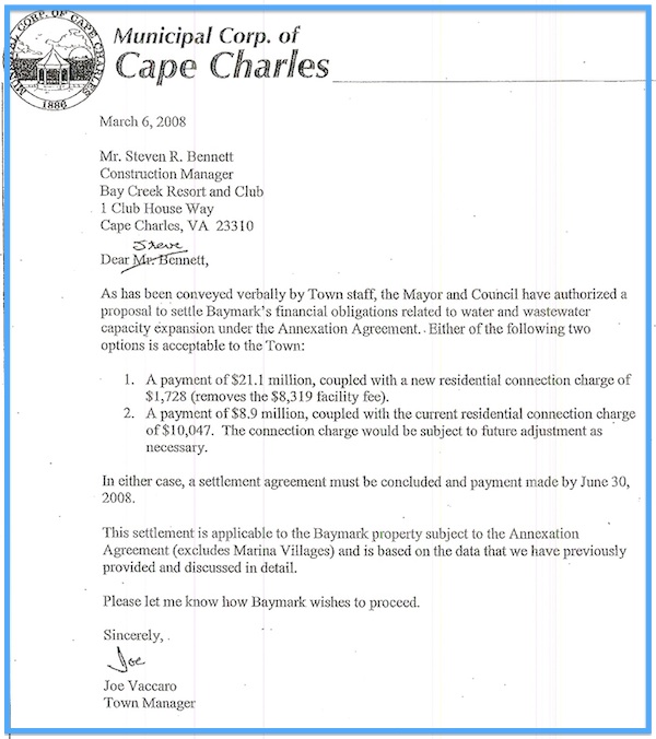 Letter from Town Manager to Bay Creek