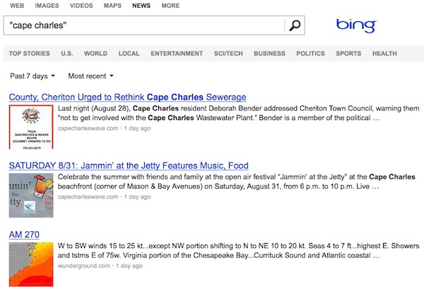 Bing News search engine top hits for "Cape Charles" are from the Wave.
