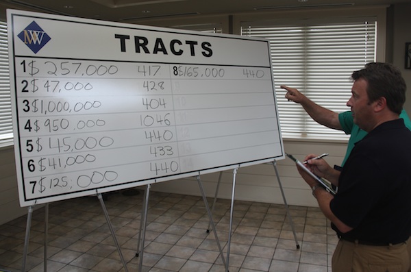 Tracts chart with high bid and bid card number for the seven properties auctioned Monday. (Wave photo)