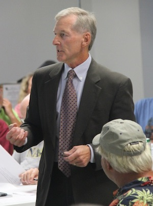 PSA Chairman Bob Panek, who also is assistant town manager for Cape Charles, spoke to a crowd of 100 at Monday night's meeting. (Wave photo)