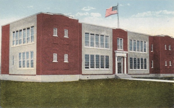 Penny postcard of historic old school -- where is the front of the building?