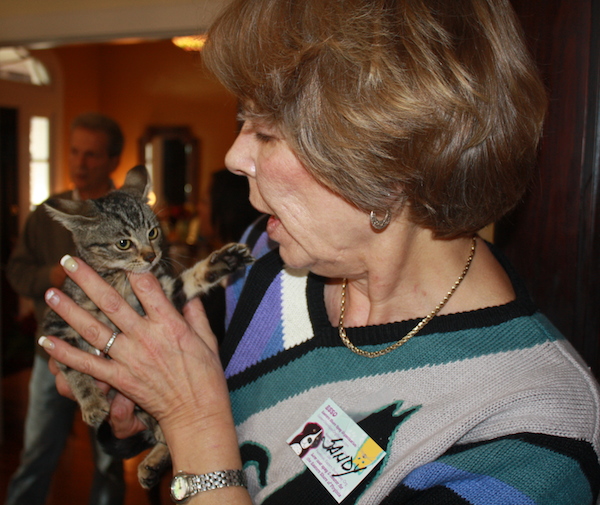 ESSO volunteer Sandy Mayer holds a trailer park kitten during last Sunday's fundraiser at Chesapeake Bay View B&B. (Wave photo)