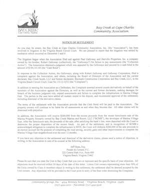 Click above to read the Notice of Settlement sent to Bay Creek property owners.