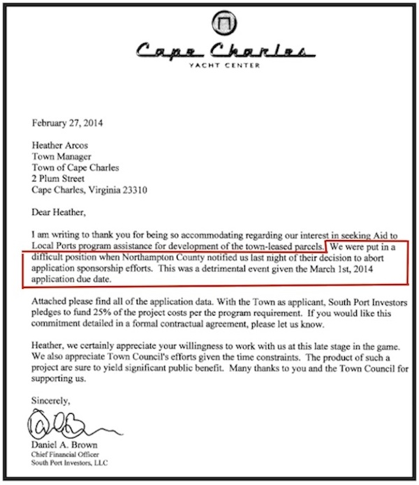 Letter from South Port Investors Chief Financial Officer Dan Brown states that Northampton County decided to “abort” its sponsorship of a grant application.  Based on this letter, the Wave reported that the County “would not sponsor” South Port’s application. County Board of Supervisors Chairman Larry LeMond and South Port partner Eyre Baldwin both publicly criticized the Wave for reporting Brown’s statement.