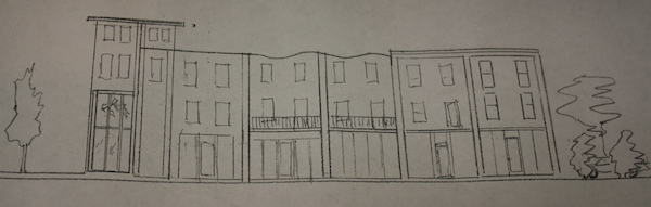 Developer Patrick Hand supplied this sketch of one of the buildings he proposes to construct on the site of the old Be-Lo grocery.