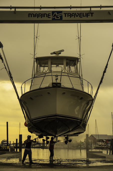 One of the first boats to be hauled with the 75-ton Travel Lift at Cape Charles Yacht Center (ESLAND photo)