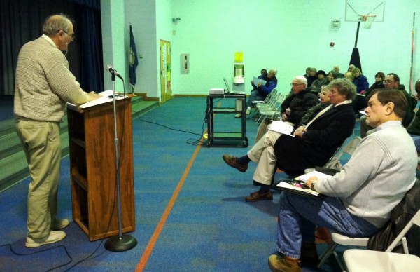 Northampton District 1 Supervisor Granville Hogg conducts Town Meeting January 8 at Kiptopeke School. (Photo: Donna Bozza)