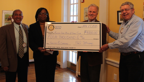 At the check presentation ceremony: Bill Payne, Eastern Shore Boys and Girls Club Chairman and Kathy Custis, Executive Director, with John Burdiss, Cape Charles Rotary past president, and Allan Burns, current president.