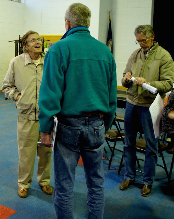 Supervisor Larry Trala faces up to two of Northampton County's most determined rezoning opponents: Bob Meyers (from back) and Ken Dufty (right). (Wave photo)